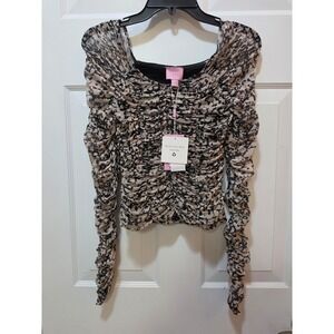 NWT MUSE Republic Clothing Leopard Print Ruched Mesh Top Tan Black XS